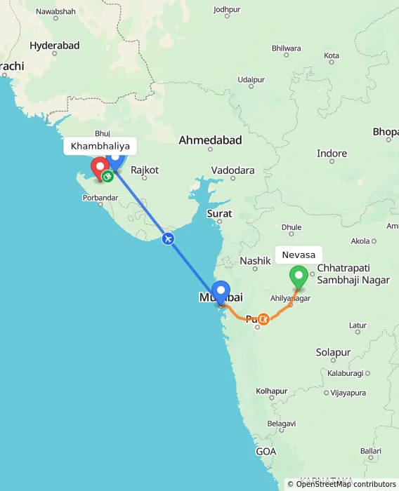 Route map showing distance and travel time from Nevasa, India to Khambhaliya, India