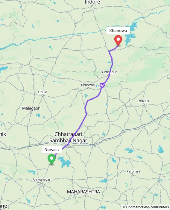 Route map showing distance and travel time from Nevasa, India to Khandwa, India