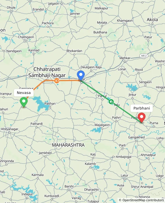 Route map showing distance and travel time from Nevasa, India to Parbhani, India