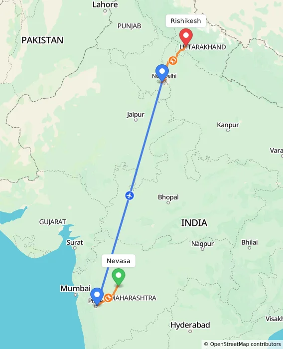 Route map showing distance and travel time from Nevasa, India to Rishikesh, India