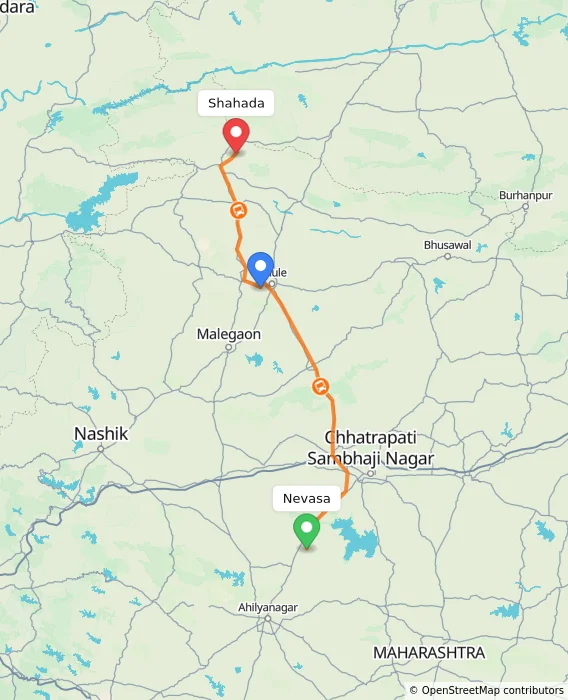 Route map showing distance and travel time from Nevasa, India to Shahada, India