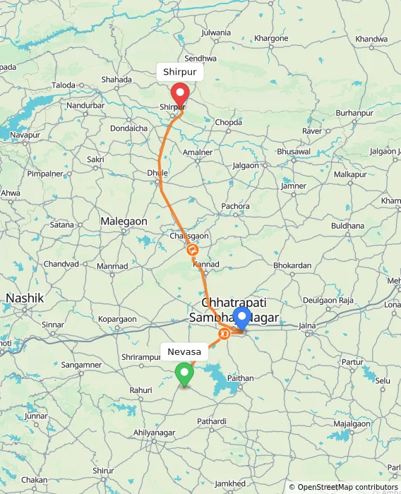 Route map showing distance and travel time from Nevasa, India to Shirpur, India