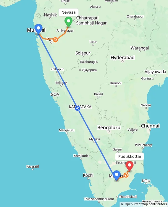 Route map showing distance and travel time from Nevasa, India to Pudukkottai, India