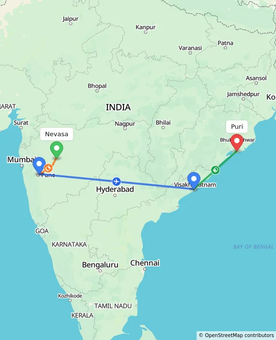 Route map showing distance and travel time from Nevasa, India to Puri, India