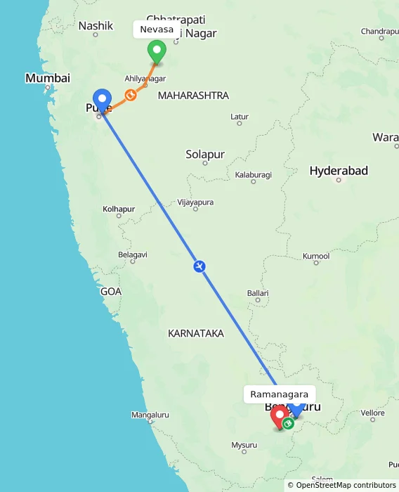Route map showing distance and travel time from Nevasa, India to Ramanagara, India
