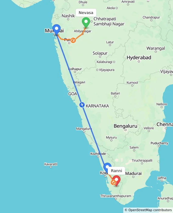 Route map showing distance and travel time from Nevasa, India to Ranni, India