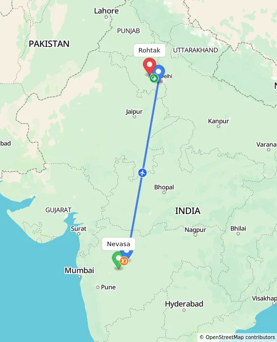 Route map showing distance and travel time from Nevasa, India to Rohtak, India