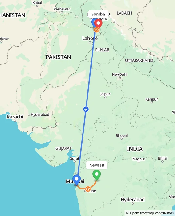 Route map showing distance and travel time from Nevasa, India to Samba, India