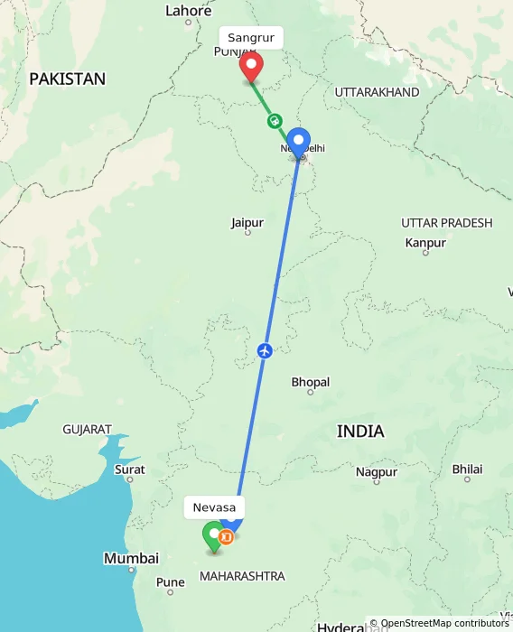 Route map showing distance and travel time from Nevasa, India to Sangrur, India