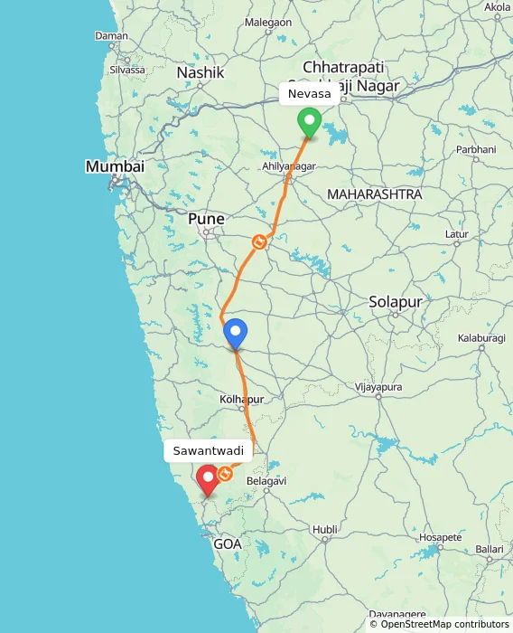 Route map showing distance and travel time from Nevasa, India to Sawantwadi, India