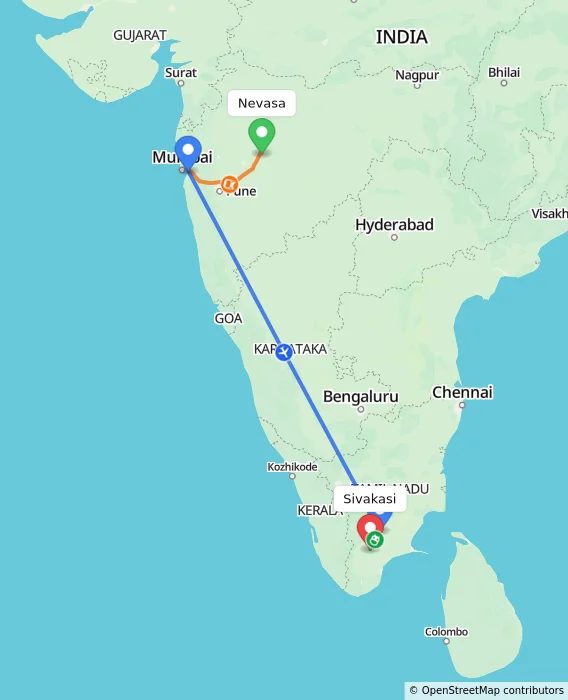 Route map showing distance and travel time from Nevasa, India to Sivakasi, India