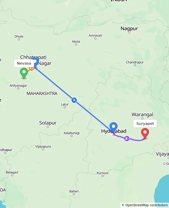 Route map showing distance and travel time from Nevasa, India to Suryapet, India