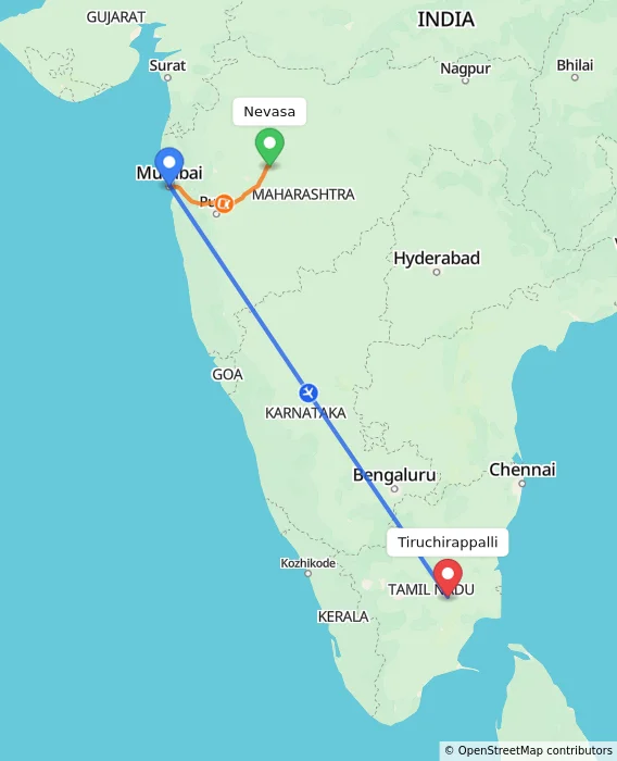 Route map showing distance and travel time from Nevasa, India to Tiruchirappalli, India