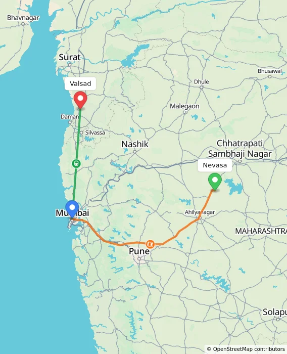 Route map showing distance and travel time from Nevasa, India to Valsad, India