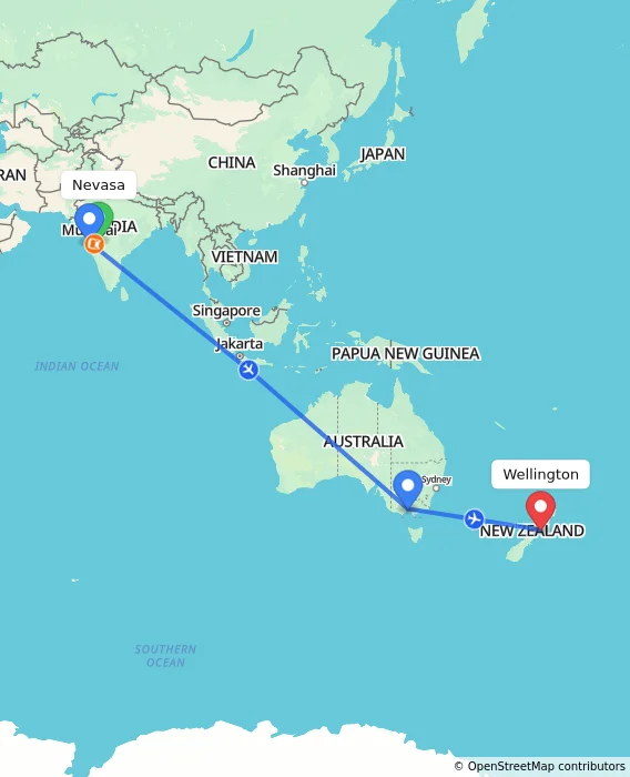 Route map showing distance and travel time from Nevasa, India to Wellington, New Zealand