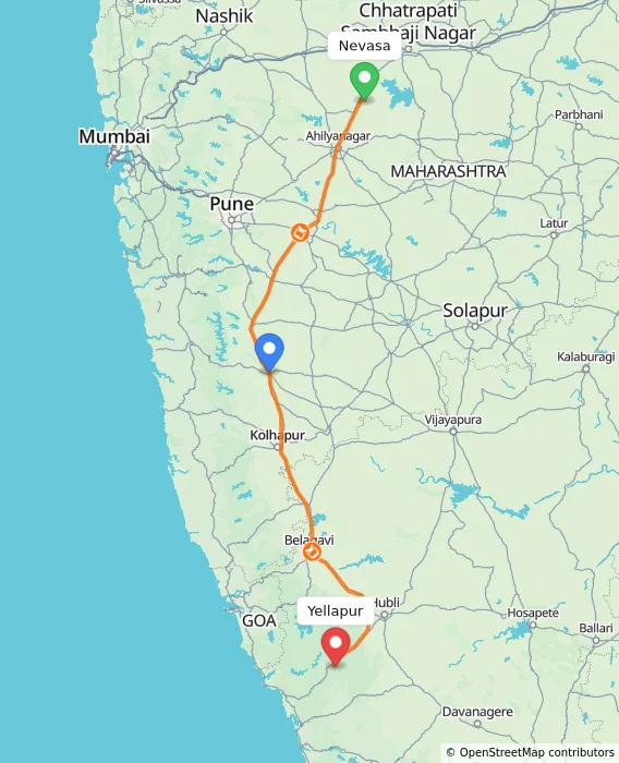Route map showing distance and travel time from Nevasa, India to Yellapur, India
