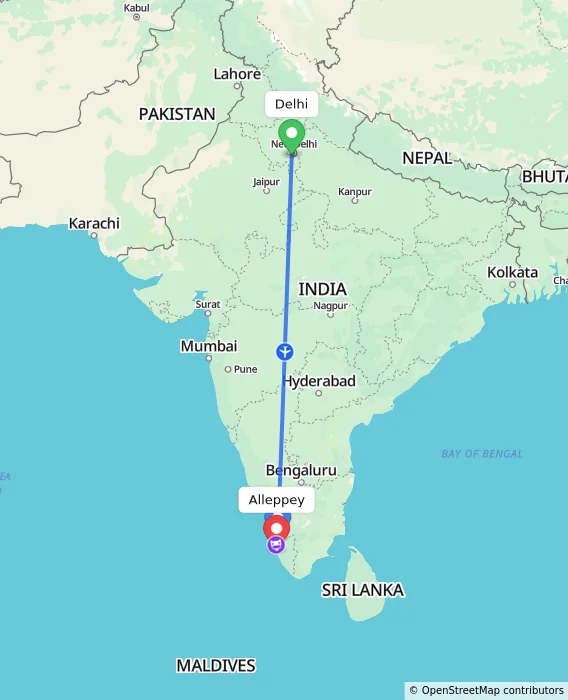 Route map showing distance and travel time from Delhi, India to Alleppey, India