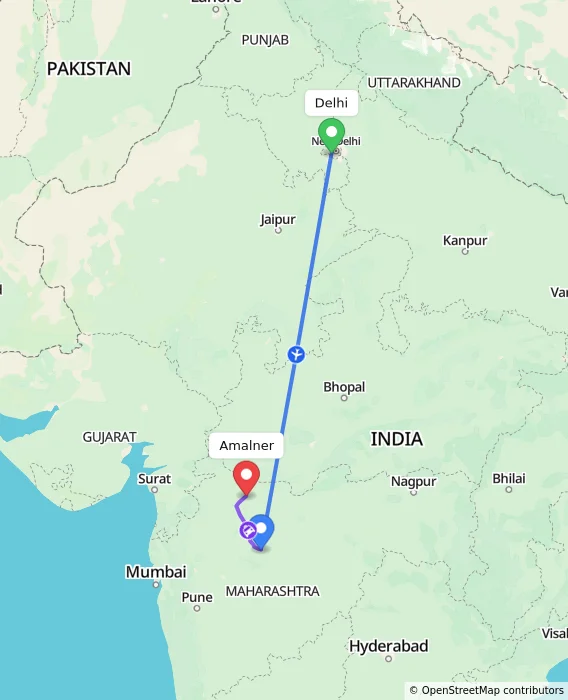 Route map showing distance and travel time from Delhi, India to Amalner, India