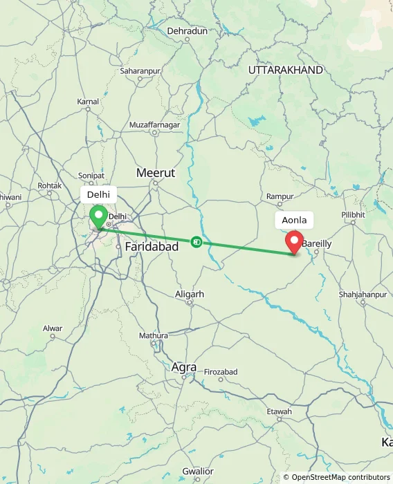 Route map showing distance and travel time from Delhi, India to Aonla, India
