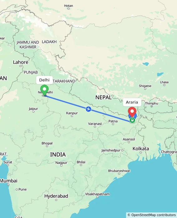 Route map showing distance and travel time from Delhi, India to Araria, India
