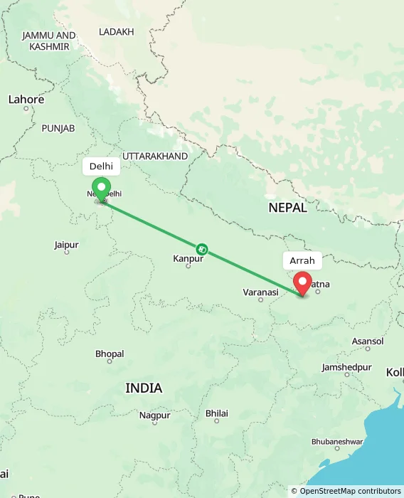 Route map showing distance and travel time from Delhi, India to Arrah, India