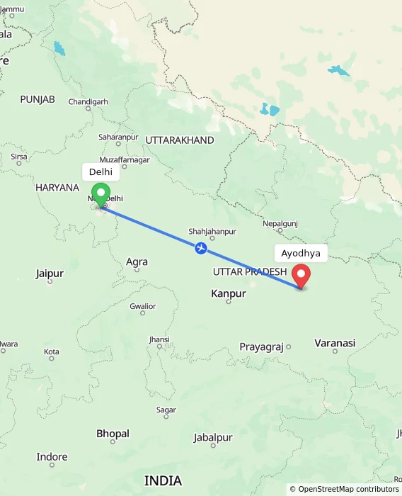 Route map showing distance and travel time from Delhi, India to Ayodhya, India