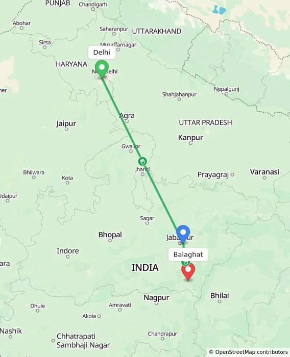 Route map showing distance and travel time from Delhi, India to Balaghat, India
