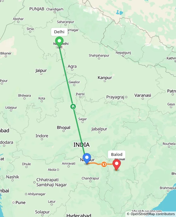 Route map showing distance and travel time from Delhi, India to Balod, India