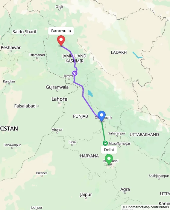 Route map showing distance and travel time from Delhi, India to Baramulla, India