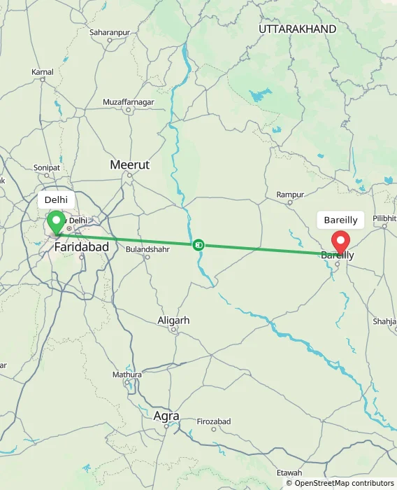 Route map showing distance and travel time from Delhi, India to Bareilly, India