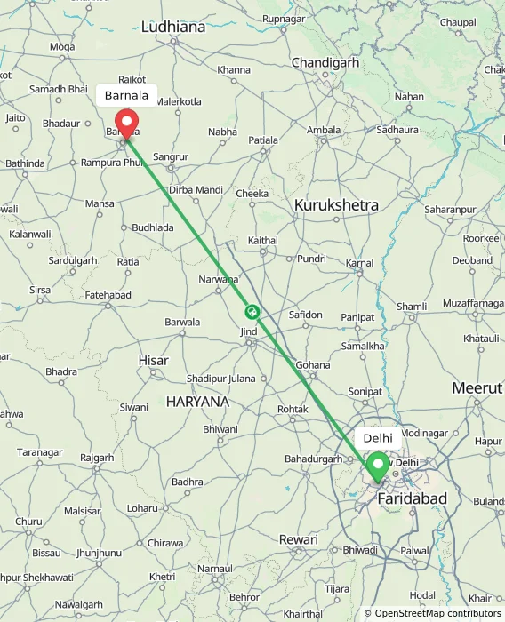 Route map showing distance and travel time from Delhi, India to Barnala, India