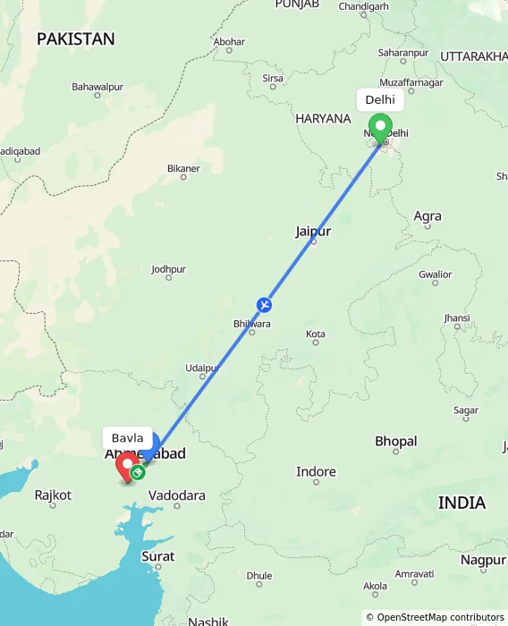 Route map showing distance and travel time from Delhi, India to Bavla, India
