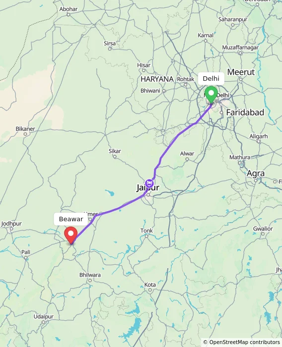 Route map showing distance and travel time from Delhi, India to Beawar, India