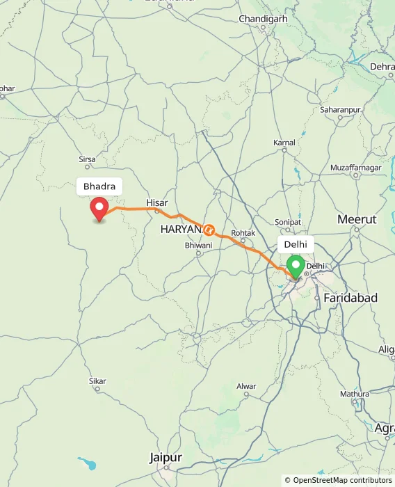 Route map showing distance and travel time from Delhi, India to Bhadra, India