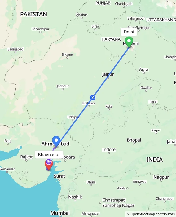 Route map showing distance and travel time from Delhi, India to Bhavnagar, India