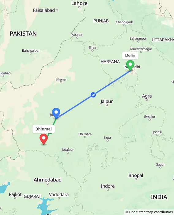 Route map showing distance and travel time from Delhi, India to Bhinmal, India