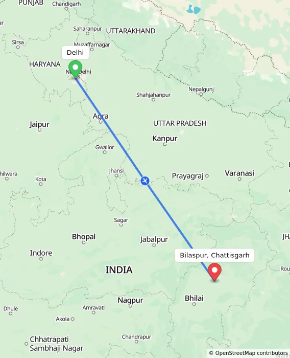 Route map showing distance and travel time from Delhi, India to Bilaspur, Chattisgarh, India
