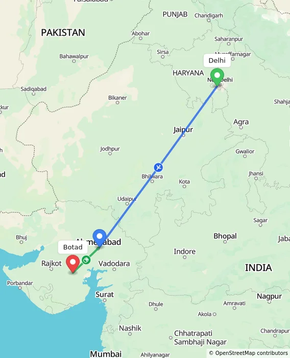 Route map showing distance and travel time from Delhi, India to Botad, India