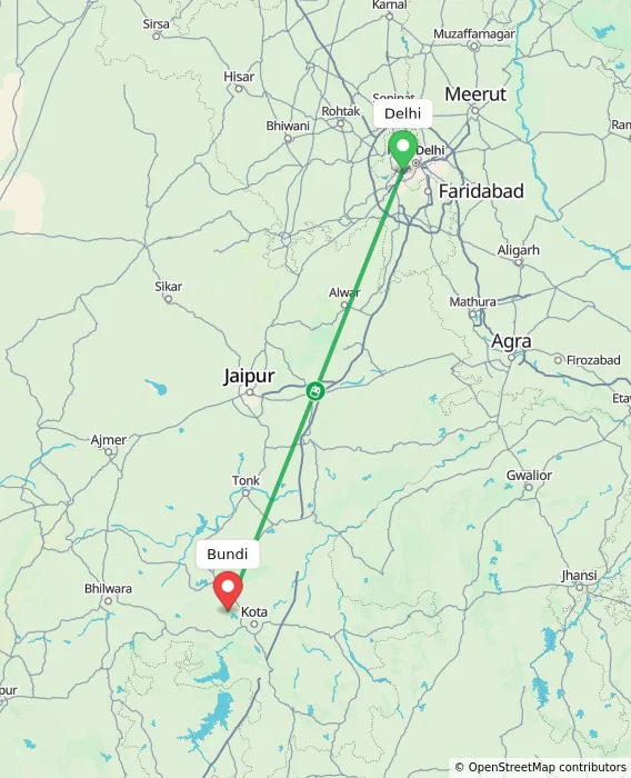 Route map showing distance and travel time from Delhi, India to Bundi, India