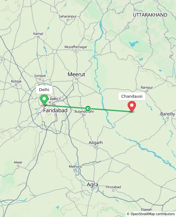 Route map showing distance and travel time from Delhi, India to Chandausi, India
