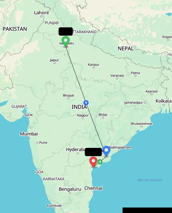 Route map showing distance and travel time from Delhi, India to Chirala, India