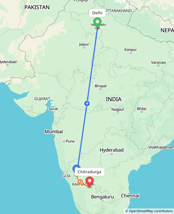 Route map showing distance and travel time from Delhi, India to Chitradurga, India