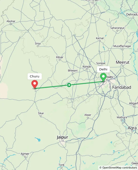 Route map showing distance and travel time from Delhi, India to Churu, India