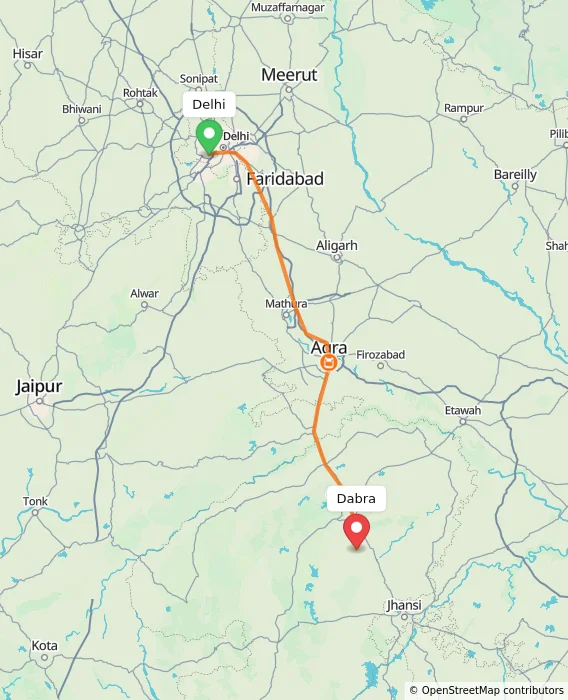Route map showing distance and travel time from Delhi, India to Dabra, India