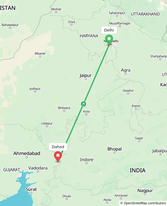 Route map showing distance and travel time from Delhi, India to Dahod, India