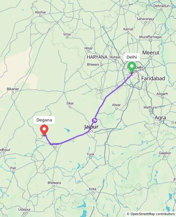 Route map showing distance and travel time from Delhi, India to Degana, India