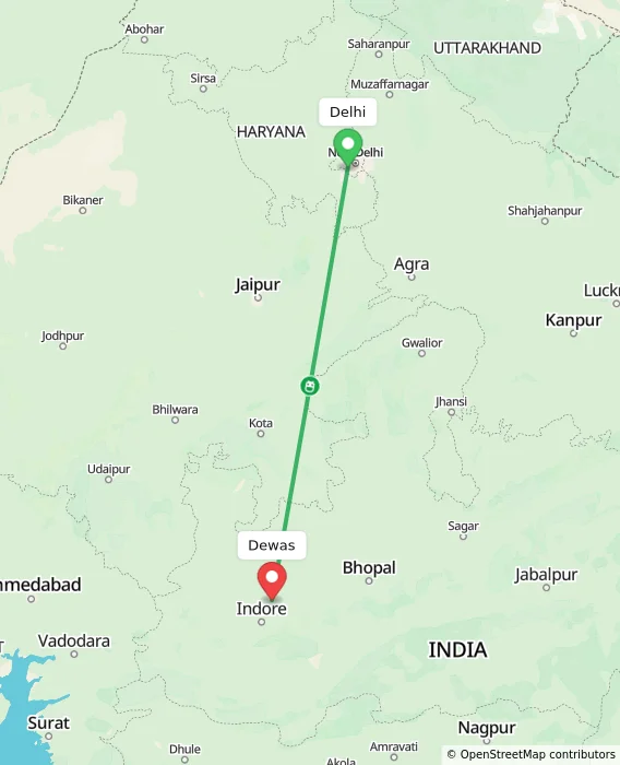 Route map showing distance and travel time from Delhi, India to Dewas, India