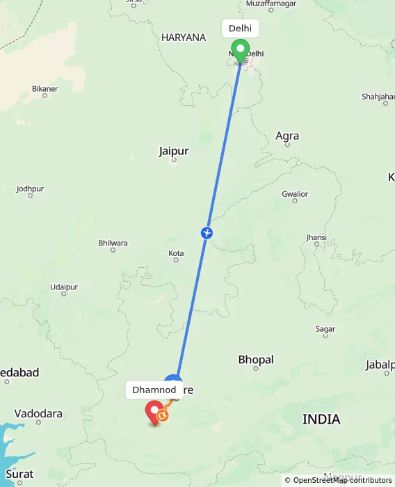 Route map showing distance and travel time from Delhi, India to Dhamnod, India