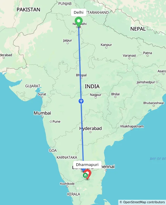 Route map showing distance and travel time from Delhi, India to Dharmapuri, India