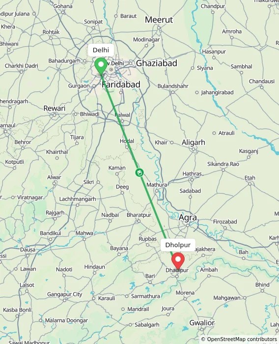 Route map showing distance and travel time from Delhi, India to Dholpur, India